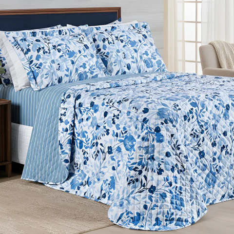 Colcha Queen Size Jasmine Luxo Bordado Elegante e Confortável:azul
