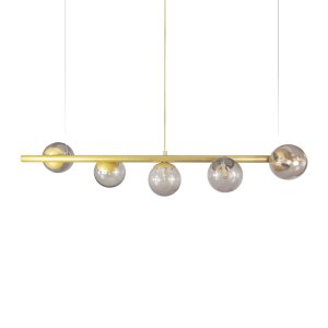 Lustre Pendente Figo Ouro - 5 Globos Esfera de Vidro Fumê