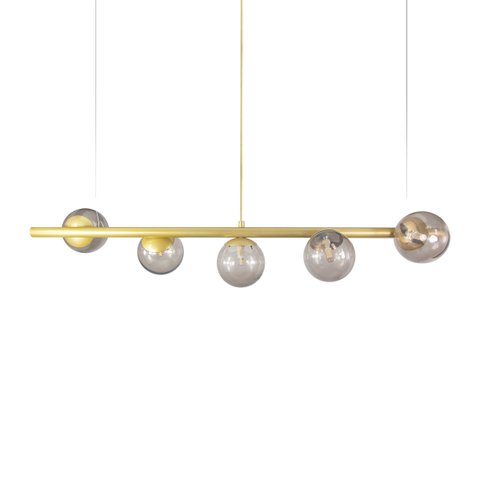 Lustre Pendente Figo Ouro - 5 Globos Esfera de Vidro Fumê