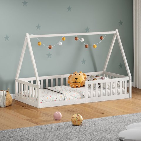 Cama Infantil Madeira Branco Grade Montessori Casinha de Chão Nicolas Idimex