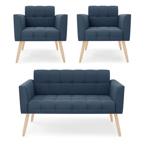 Kit 1 Sofá Namoradeira e 2 Poltronas Elisa Suede Pés Palito Natural - D'Rossi Cor Azul Marinho