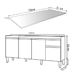 Balcão 4 Portas 1 Gaveta Tatiane 150m com Tampo Mdp Branco - Ajl - 4 Balcão 4 Portas 1 Gaveta Tatiane 150m com Tampo Mdp Branco - Ajl - 4