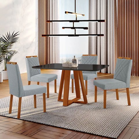 Conjunto Sala de Jantar Mesa Floripa Madeira Maciça 140x80cm Tampo Retângular Vidro Preto com 4 Cade