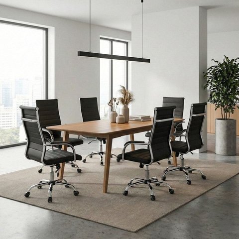 Kit 7 Peças com Mesa de Reunião e 6 Cadeiras de Escritório com Rodízio Florença Espresso Móveis Marrom/Cinamomo/Preto