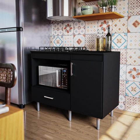 Balcão para Cooktop 1,05m 4 Bocas 1 Nicho com 1 Porta e Gaveta Turim Preto