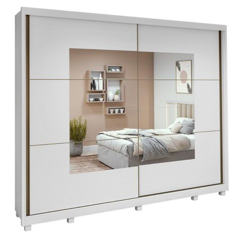 Guarda Roupa Casal Easy Max 2 Portas de Correr com Espelho 6 Gavetas MDF Branco Móveis Lopas 2700cm