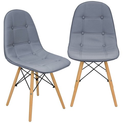 Kit 2 Cadeiras Charles Eames Botonê Eiffel Wood Estofada Couro - Cinza