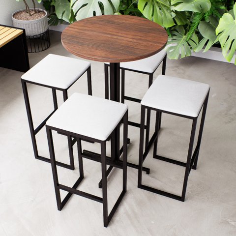 Conjunto Mesa Alta Bar Bistrô Redonda Imbuia 4 Bancos Estofado Don Castro Decor