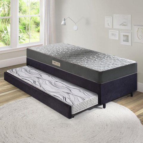 Bicama Box Solteiro Suede Preto 88x188x28 Cm com Colchão Dual Firm Espuma e Colchão Auxiliar