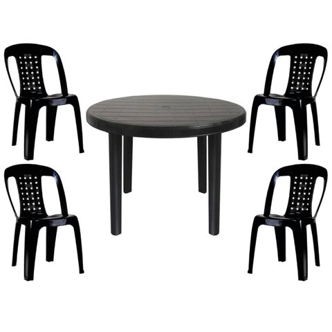 Mesa Redonda Plástico Desmontável 94cm Preta + 4 Cadeiras Vime