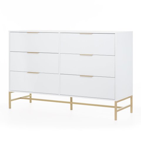 Cômoda Square para Quarto Grande 6 Gavetas Pés de Metal 138cm Branco Dourado  Casavee