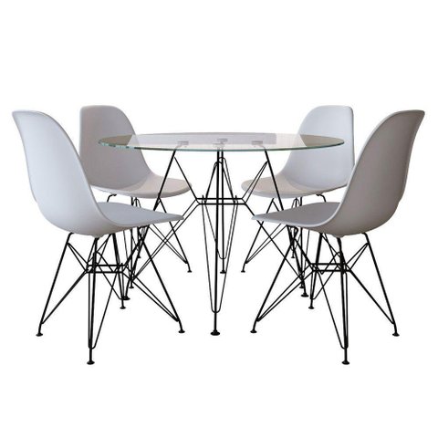 Mesa De Jantar Com 4 Cadeiras Brancas Tampo Vidro Redondo 90Cm Base De Ferro Preto Cor: Branco
