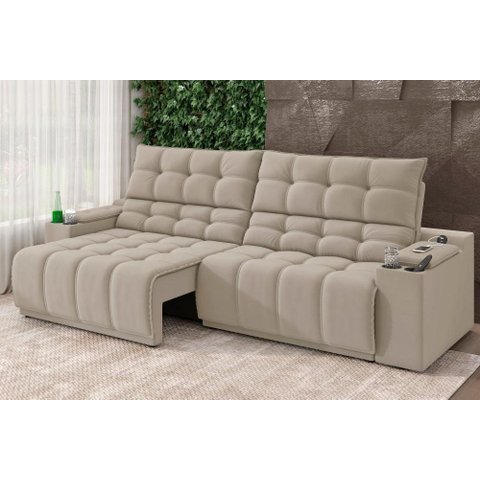 Sofá Connect Premium 2,00m Assento Retrátil e Reclinável com Porta Copos e Entrada USB Suede Areia