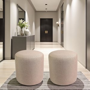 Kit 2 Puff Perse Redondo Banqueta Moderno Decorativo Casa Sala Quarto Tecido Linho Palha