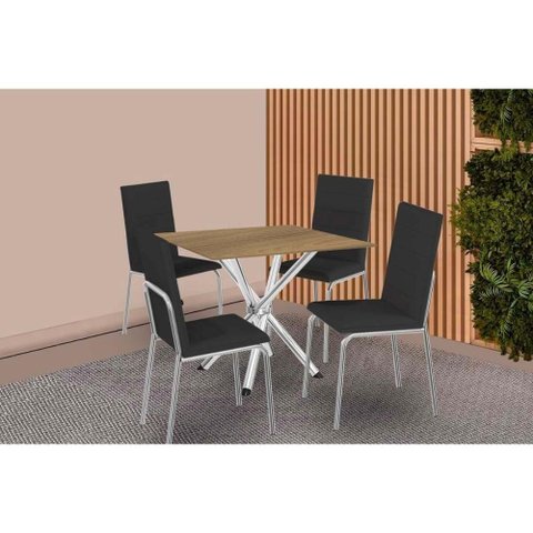Conjunto: Mesa Sala Jantar Volga C/ Tampo de Madeira 90cm e 4 Cadeiras Amsterdã Cromado/nogueira -
