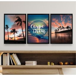 Kit 3 Quadros Praia por do Sol Carpe diem 45x34cm:madeira Preta - 2 Kit 3 Quadros Praia por do Sol Carpe diem 45x34cm:madeira Preta - 2