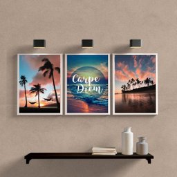 Kit 3 Quadros Praia por do Sol Carpe diem 45x34cm:madeira Preta - 1 Kit 3 Quadros Praia por do Sol Carpe diem 45x34cm:madeira Preta - 1