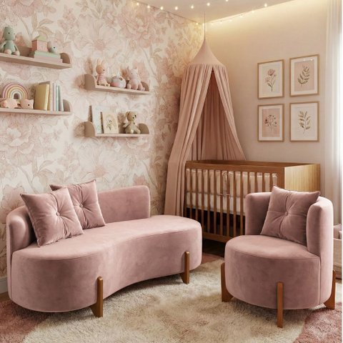 Conjunto 01 Poltrona + Sofá Curvo Orgânico Veludo Rosê - Montanaris Decor