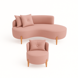 Conjunto 01 Poltrona + Sofá Curvo Orgânico Veludo Rosê  - Montanaris Decor