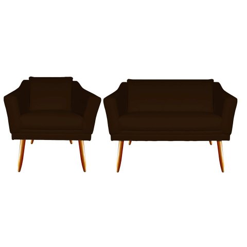 Kit Namoradeira + 1 Poltrona Decorativa Agatha Suede Marrom Pés Madeira Ms Decor
