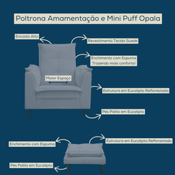 Poltrona Amamentação e Mini Puff Opala Suede Cinza Pés Palito - 2