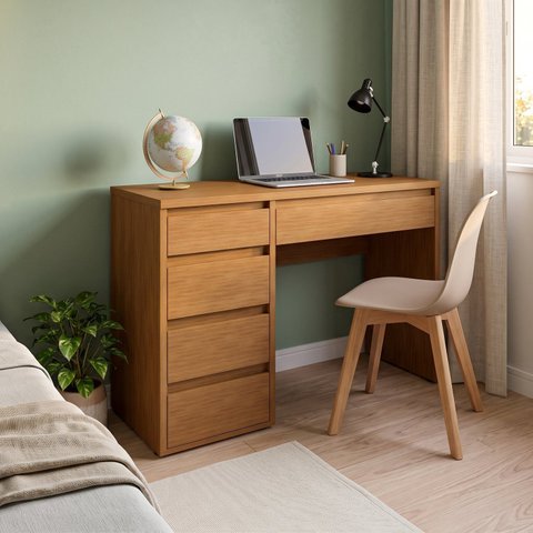 Mesa Escrivaninha Home Office 100% MDF com 5 Gavetas e Corrediças Telescópicas 136x81x45cm