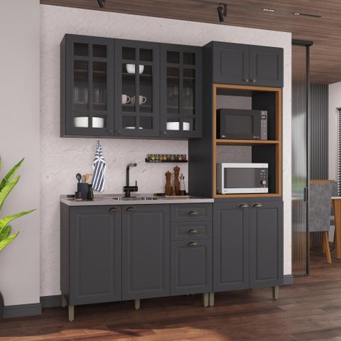 Armário de Cozinha Modulada Compacta Fidelitá Nara 100% MDF 3 Peças 190cm 10 Portas 2 Gavetas sem