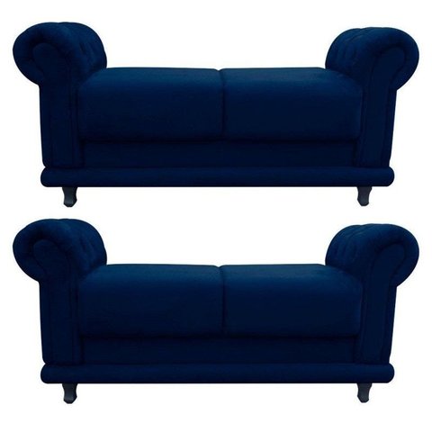 Kit 2 Sofá Retrô Barcelona Namoradeira Calçadeira Suede Azul Marinho - D'Rossi