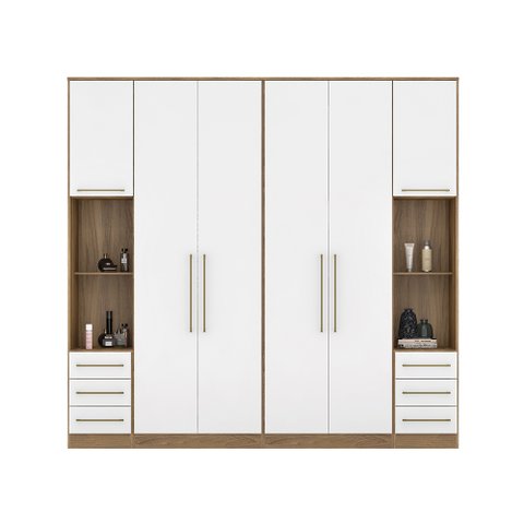 Guard Roupa 6 Portas para Quarto Modulado com Mesa de Cabeceira Amêndola/Branco - Bela Móveis