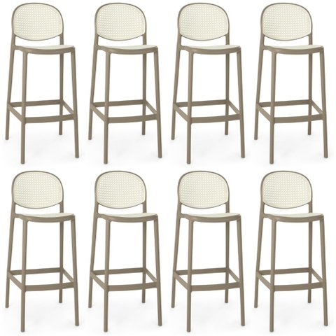 Kit 8 Banqueta Alta com Encosto Roma em Polipropileno - Branco/cinza Escuro