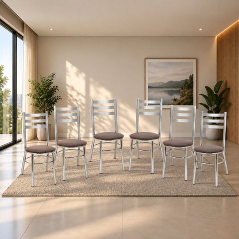 Conjunto 6 Cadeiras para Sala de Jantar Tradicional Cromado/Marrom