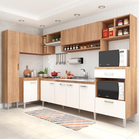 Cozinha de Canto Modulada Inova 292/120Cm Balcão Pia Cooktop Armário MDP Carvalho Branco - ClickLar