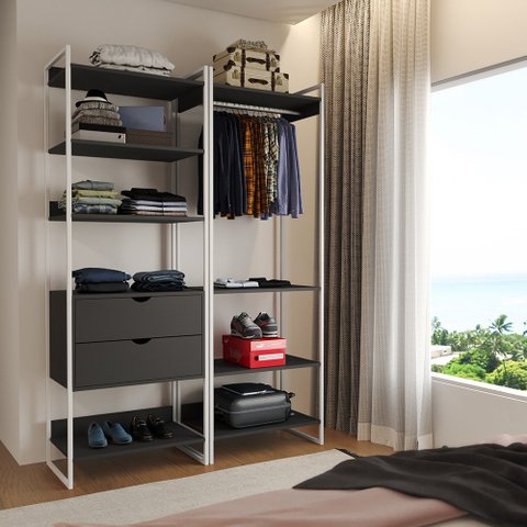 Guarda Roupa Aberto Industrial Casal 2 Módulos Preto Cabideiro com Gavetas Ferro Branco