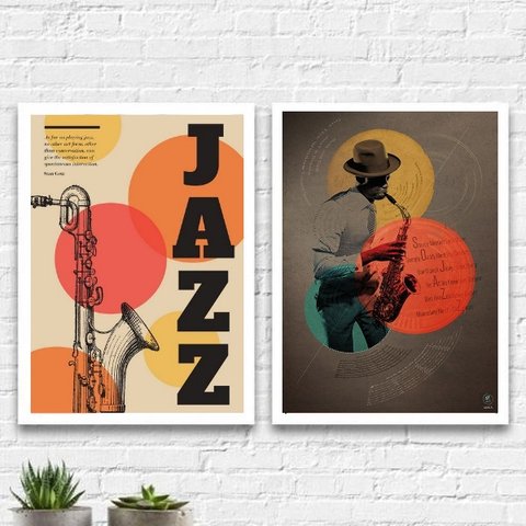 Kit 2 Quadros Decorativos Jazz 33x24cm - com vidro:Madeira branca