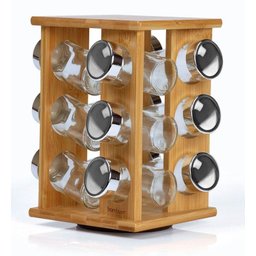 Porta Temperos giratório de bambu com 12 potes de vidro - 1