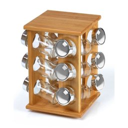 Porta Temperos giratório de bambu com 12 potes de vidro - 2