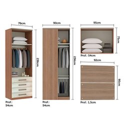 Guarda Roupa de Canto Solteiro 5 Portas 4 Gavetas Vanilla com Legno Crema Connect Luciane Móveis - 4