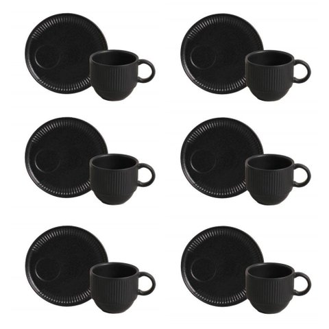 Conjunto de Xícara de Chá Empilhável com Pires 06 Peças Linhas Preto Matte Porto Brasil