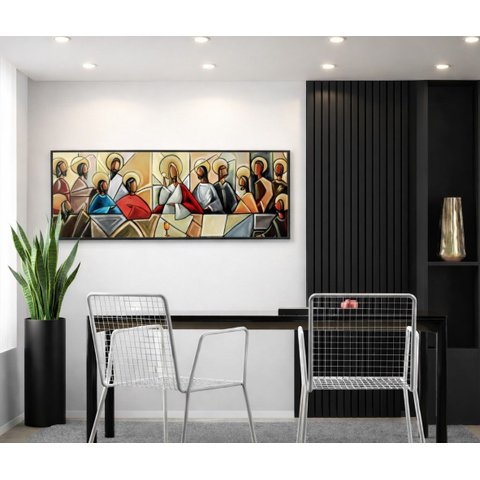 Quadro 150x50cm Santa Ceia Moldura Flut Preta