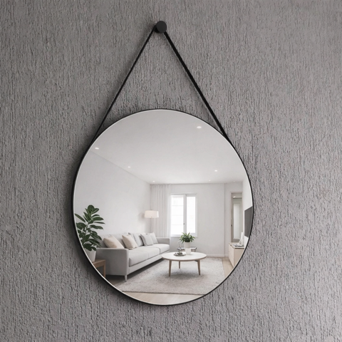 Espelho Redondo Adnet 90cm Moldura e Alça Couro Preto + Suporte