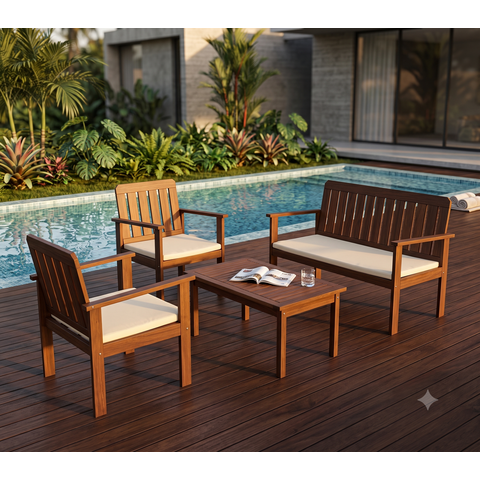 Conjunto 4 Peças Jardim Varanda Madeira Maciça Namoradeira 2 Poltronas Mesa de Centro com Almofadas