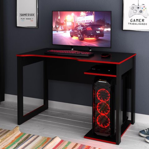 Mesa Gamer com 2 Nichos - Preto/Vermelho