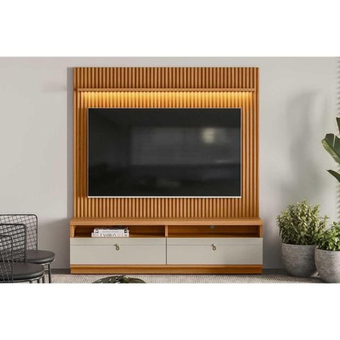 Estante P/ Sala até 75 Pol Ouro Preto C/ 2 Gavetas 198x180cm Nature/off White - Linea Brasil