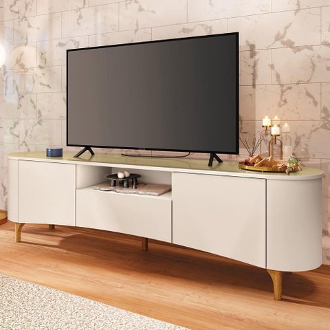 Rack para Sala de Estar TV 80 pol Orgânico 201cm Martina B01 Off White Champanhe - Lyam Decor