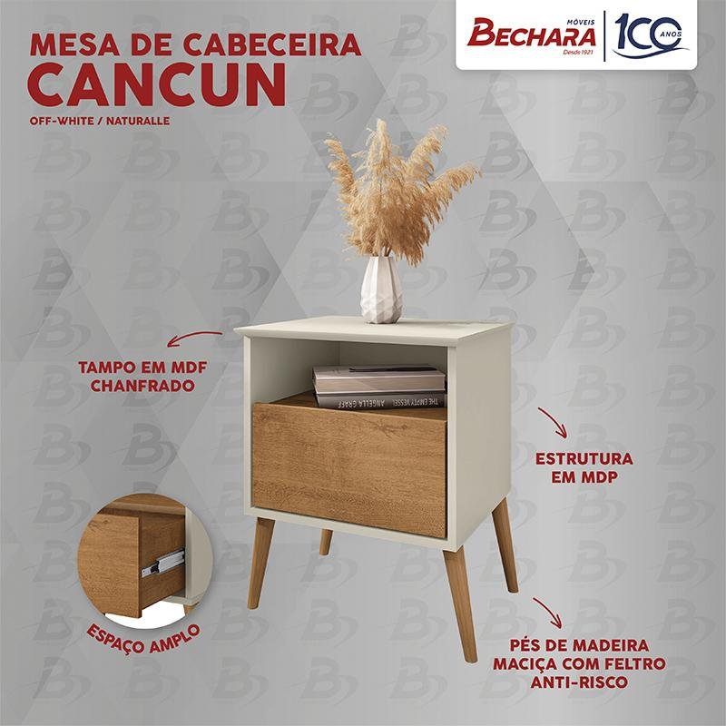 Mesa de Cabeceira Cancun Quarto Pés Madeira Maciça 1 Gaveta Off White/Naturale - 3