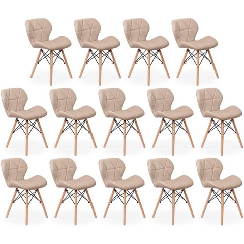 Kit 14 Cadeiras de Jantar Charles Eames Slim Wood Estofada - Nude