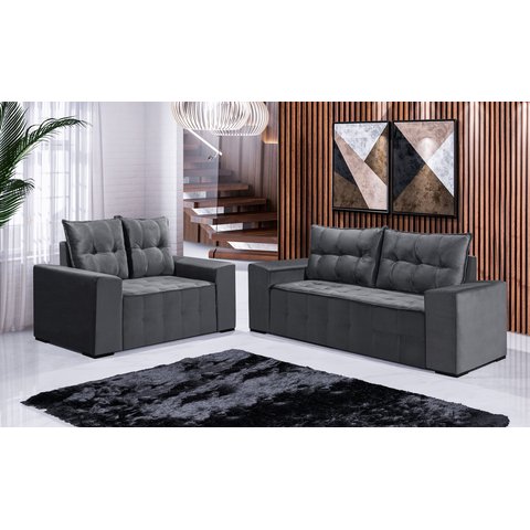 Conjunto Sofá de Veludo 3 e 2 Lugares Estilo Estofados Las Vegas 2,00x1,50m "cinza"