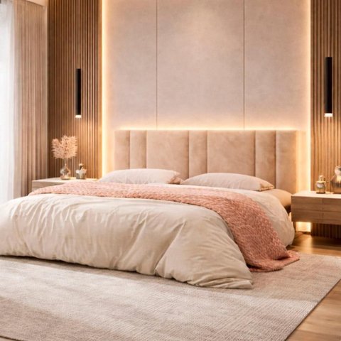 Cabeceira King Estofada com LED Suede MDF Fixação na Parede Bege Vns Concept