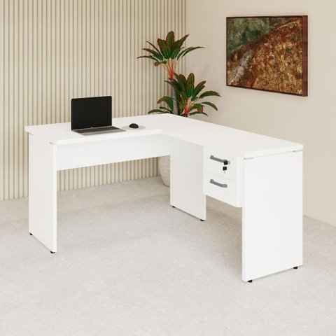 Mesa de Escritório em L 30mm com Gaveteiro Suspenso e Chave F5 Office Cor:Branco