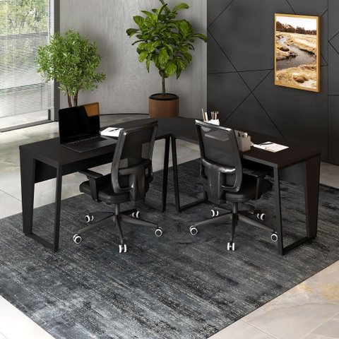 Mesa em L Escritório Mesa em L Escritório 180cm x 180cm Pés Metal Preto F5 Office